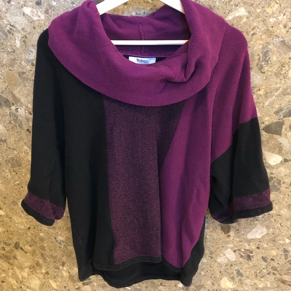 Purple and Black Cowl Neck Color Block Sweater - Picture 3 of 8